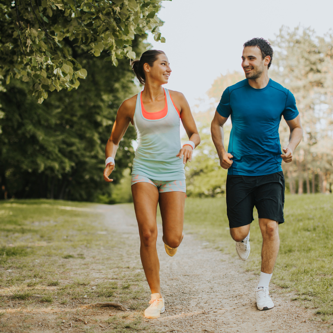 Man and women running together fitness exercise health