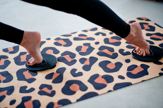 Womens starter home gym kit strength training fitness equipment vegan suede leopard print yoga mat core sliders sliding discs reformer pilates planks workout from home