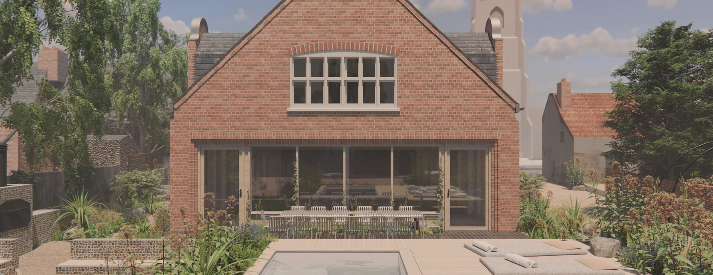 Brick house with a pool and garden in a residential area