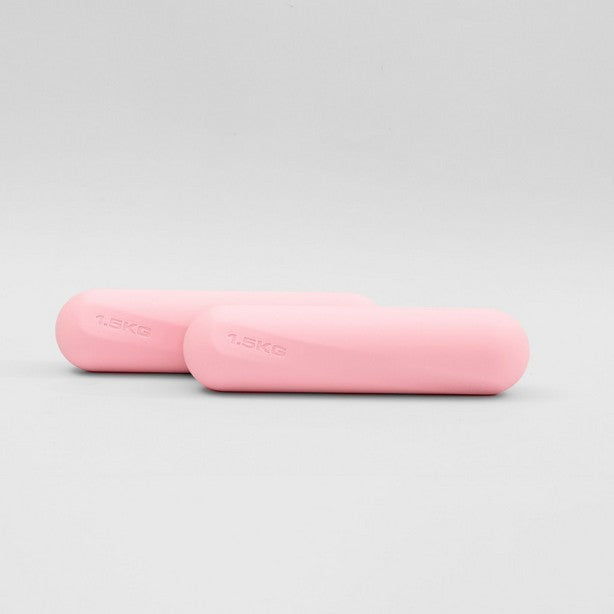 A pair of pink Pilates bars with 3kg weight on each, placed on a white background.