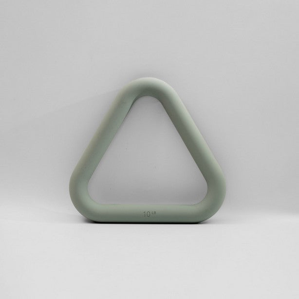 A sage green weighted triangle fitness dumbbell.