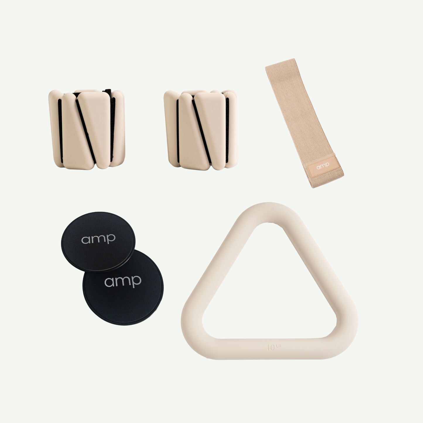 Collection of fitness tools including resistance bands and a triangle bar on a white background