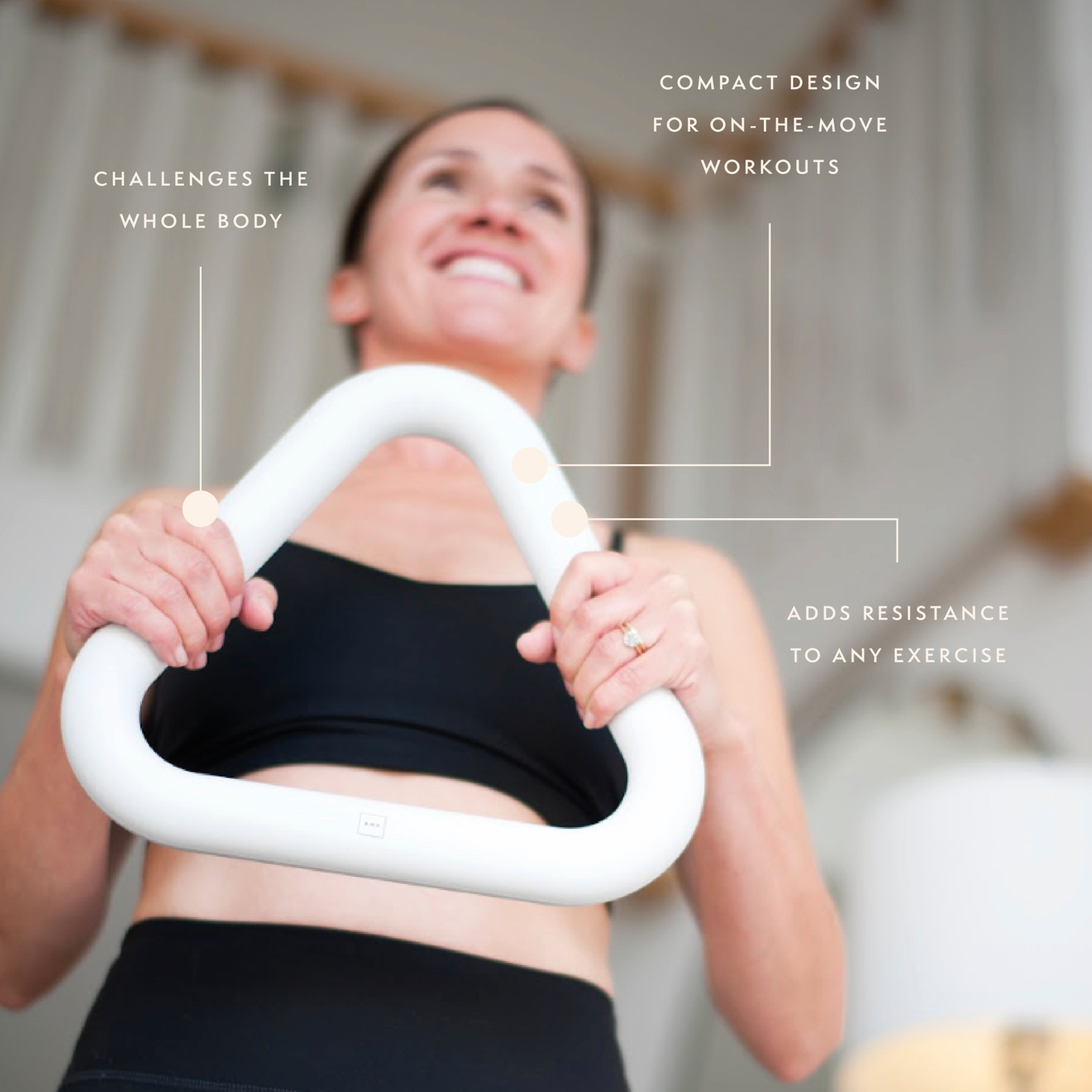 Woman exercising with white weighted triangle, text about workout benefits.
