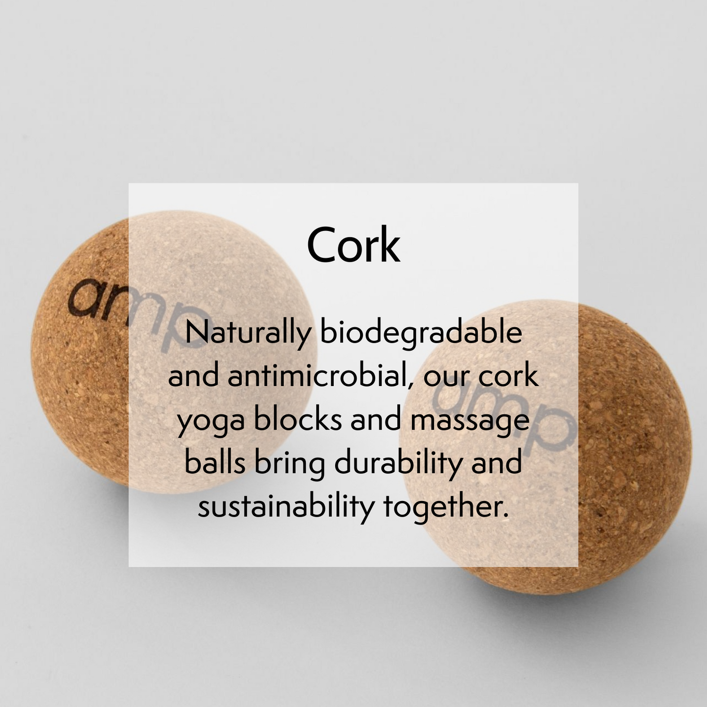 Two cork yoga blocks with text about their sustainability on a gray background