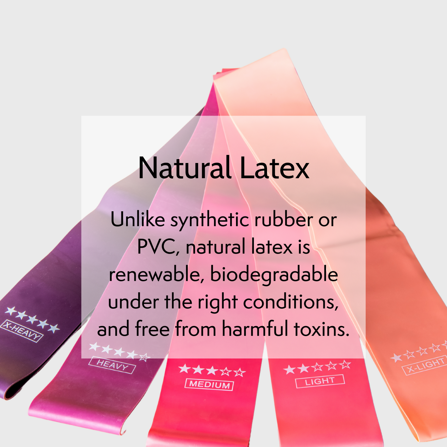 Resistance bands in various colors with text about natural latex properties on a light gray background.