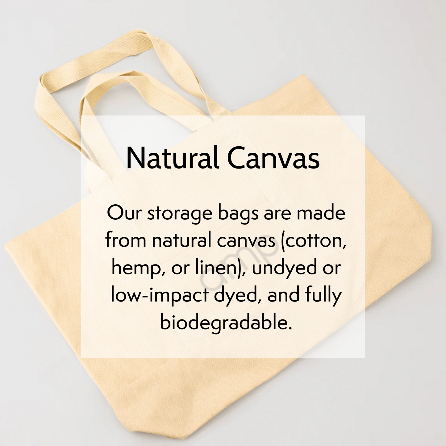 Beige tote bag with text about natural canvas storage bags on a light gray background