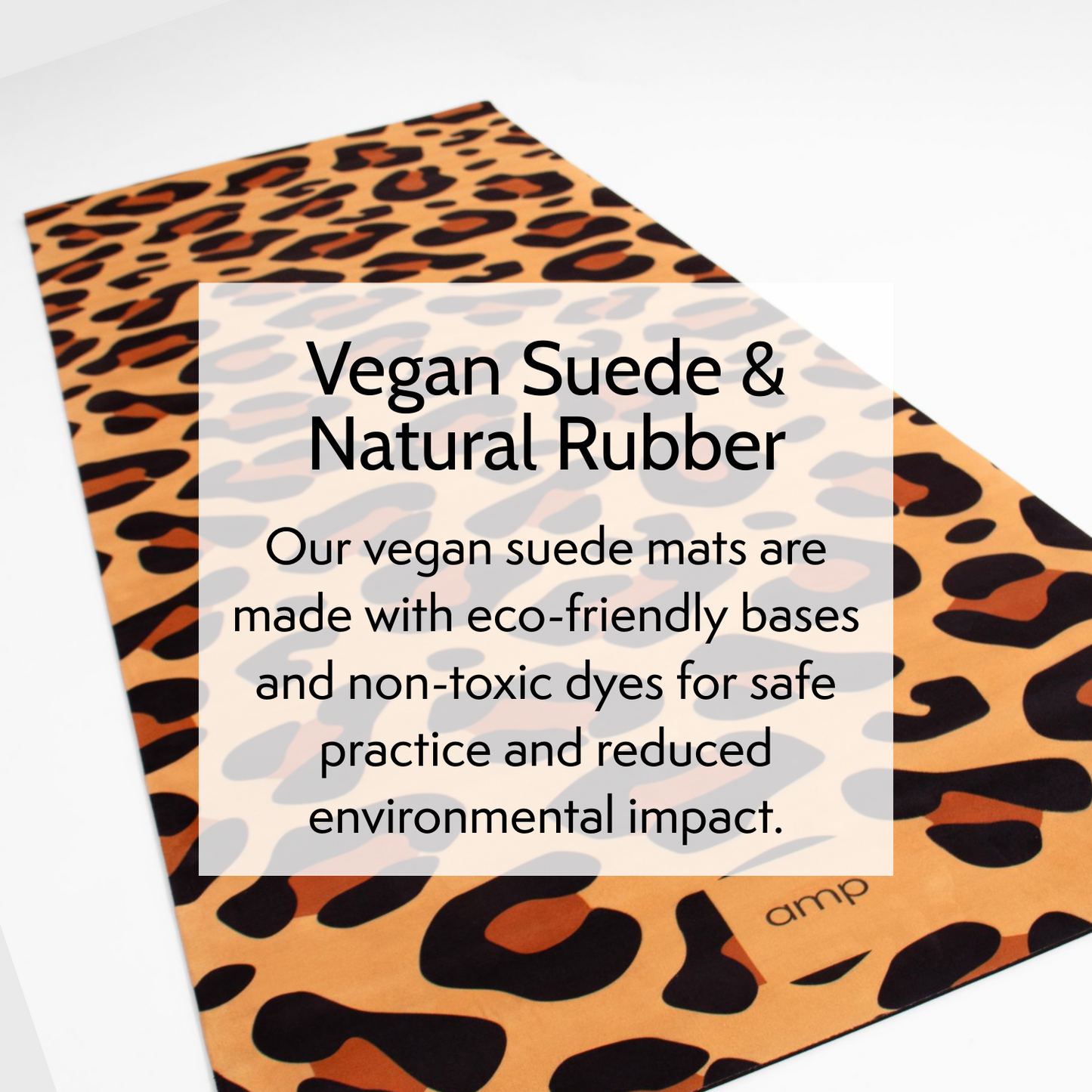 Vegan suede mat with leopard print design on a white background, featuring text about eco-friendly materials.